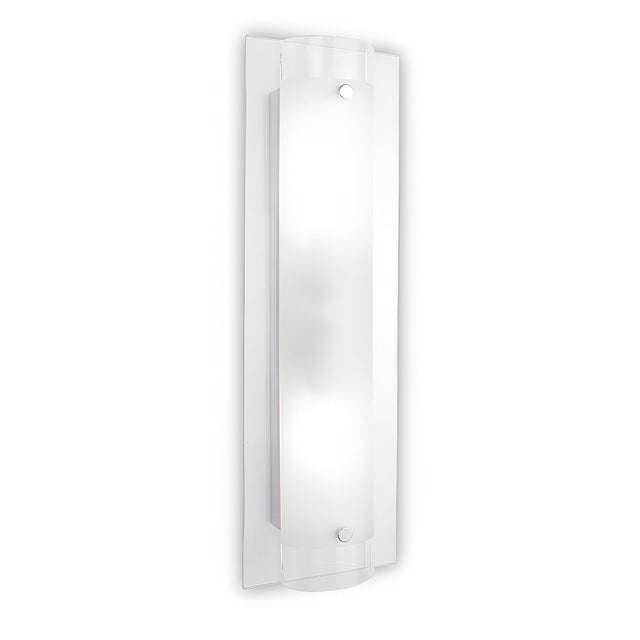 The Allure 2 Light Wall Light - White features a modern, minimalist design with a curved sandblasted Pyrex glass shade and a rectangular backplate, mounted vertically for a clean look.