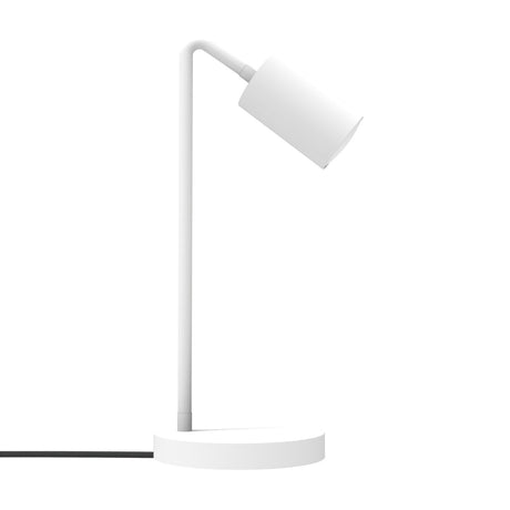 Boir Table Lamp in matt white iron with a round base, slim straight stem, and adjustable cylindrical GU10 spot shade, shown on a plain white background.