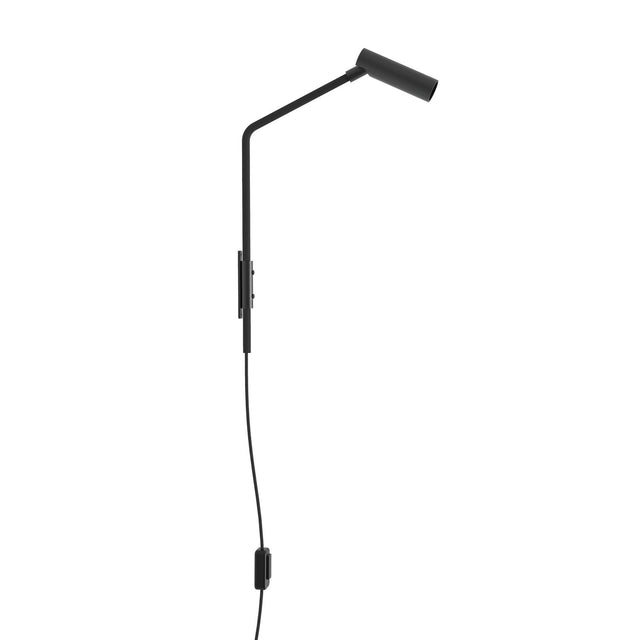 Nivia LED wall light in matt black, slim angled arm from a narrow wall plate to a cylindrical reading-light head, with cable and inline switch, shown on a plain white background.
