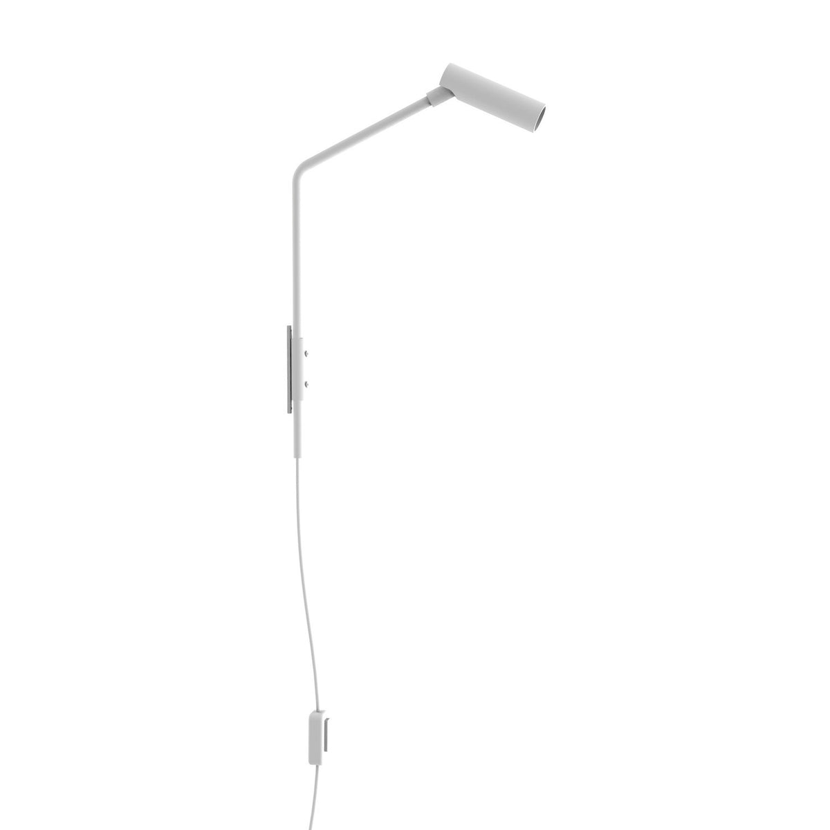 Nivia LED Wall Light in matt white, with a slim angled arm from a narrow wall plate to a small cylindrical reading light head, plug and switch cable, on a plain white background.