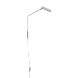 Nivia LED Wall Light in matt white, with a slim angled arm from a narrow wall plate to a small cylindrical reading light head, plug and switch cable, on a plain white background.