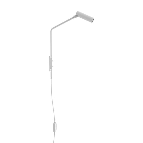 Nivia LED Wall Light in matt white, with a slim angled arm from a narrow wall plate to a small cylindrical reading light head, plug and switch cable, on a plain white background.