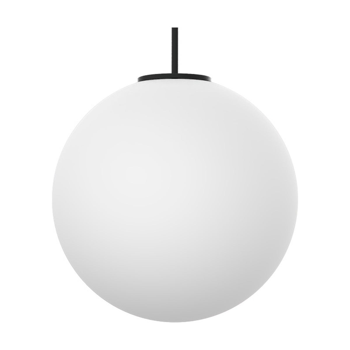 Mika Opal Glass Globe Pendant Light in matt black, a single opal white glass sphere suspended from a matt black iron canopy on a black cable, shown against a plain white background.