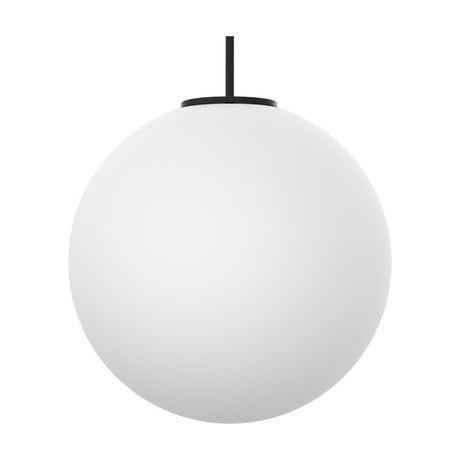 Mika Opal Glass Globe Pendant Light in matt black, a single opal white glass sphere suspended from a matt black iron canopy on a black cable, shown against a plain white background.