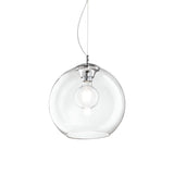 The Emberlyte 1 Light Glass Pendant - Chrome, featuring a clear spherical shade and chrome fixture, houses a single bulb suspended from a thin wire. This sleek and minimalist design provides dimmable lighting, making it ideal for contemporary interiors.