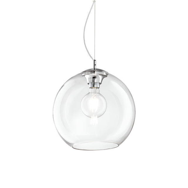 The Emberlyte 1 Light Glass Pendant - Chrome, featuring a clear spherical shade and chrome fixture, houses a single bulb suspended from a thin wire. This sleek and minimalist design provides dimmable lighting, making it ideal for contemporary interiors.
