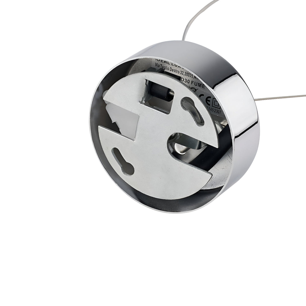 Close-up of the backplate for the Emberlyte 1 Light Glass Pendant - Clear, 40cm, showcasing exposed wiring and mounting components. This modern lighting design features a circular metal structure with attachment holes and a reflective chrome finish.
