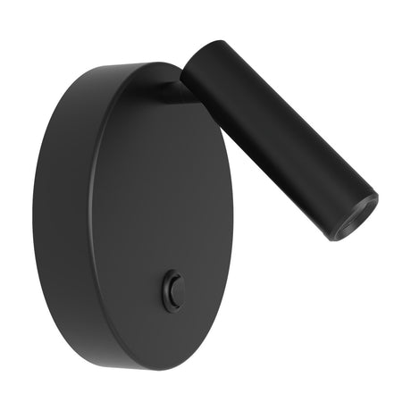 Nao circular LED wall light in matt black, with a round wall base, built-in push button, and an adjustable cylindrical reading light on an angled joint, shown on a white background.