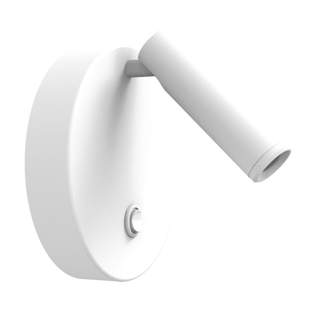 Nao circular LED wall light in matt white, with a round backplate, adjustable cylindrical reading light head, and push button switch, shown on a plain white background.