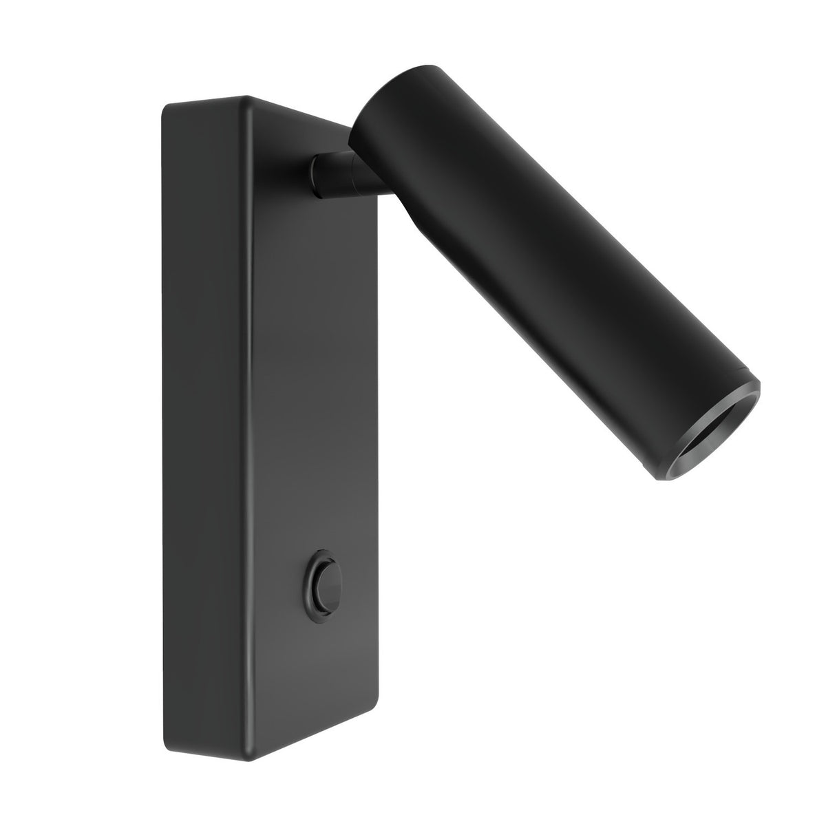 Nao rectangular LED wall light in matt black, with a flat rectangular backplate, push button switch, and an adjustable cylindrical reading light head, shown on a plain white background.