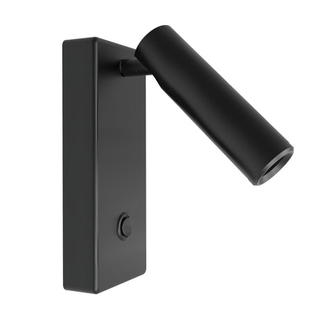 Nao rectangular LED wall light in matt black, with a flat rectangular backplate, push button switch, and an adjustable cylindrical reading light head, shown on a plain white background.