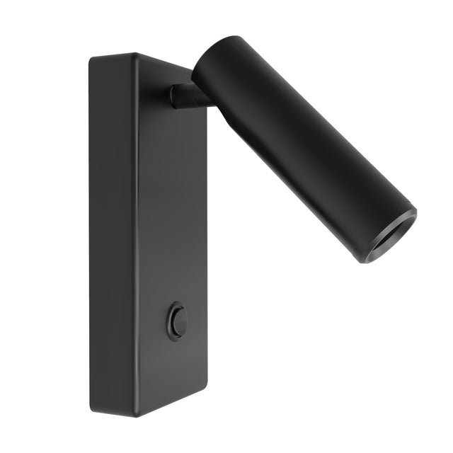 Nao rectangular LED wall light in matt black, with a flat rectangular backplate, push button switch, and an adjustable cylindrical reading light head, shown on a plain white background.
