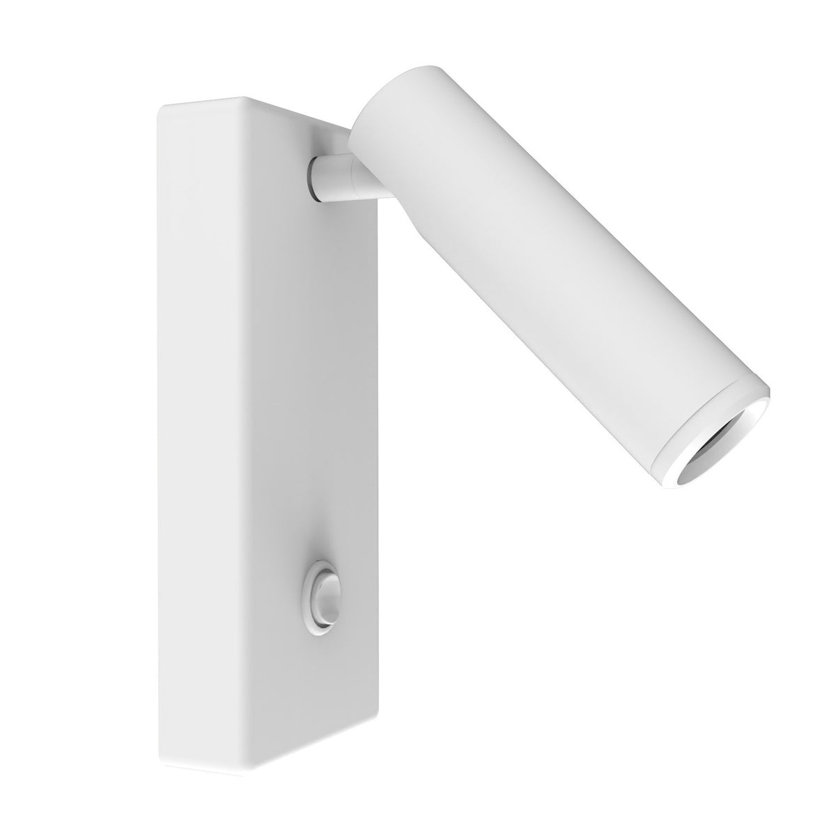 Nao rectangular LED wall light in matt white, with a slim backplate, rotary switch, and pivoting cylindrical reading light head, shown on a plain white background.