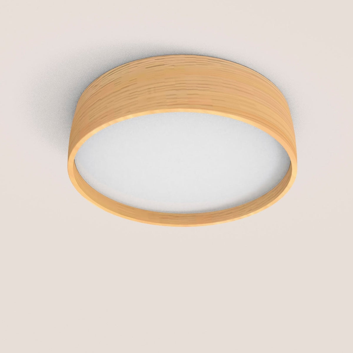 Bloom LED Wood Drum Flush Ceiling Light in ash, a round fixture with a wood-grain band framing a white diffuser, shown on a plain light background.