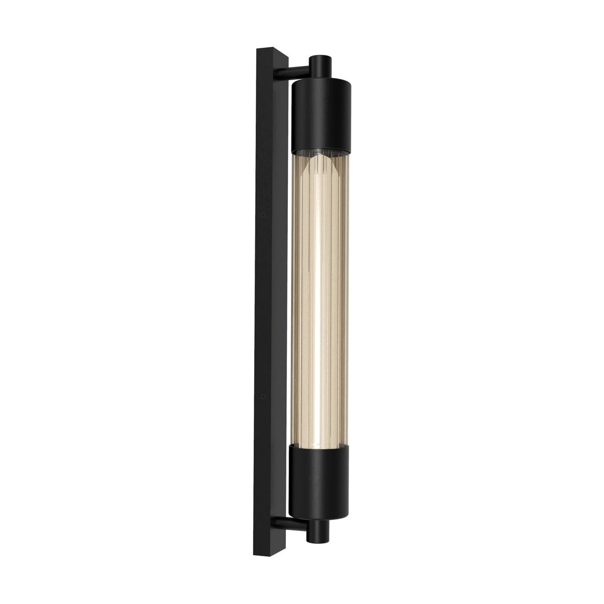 Thari Cylinder Ribbed Fumé Glass Linear Wall Light in black, featuring a narrow backplate and matt black caps holding a smoky ribbed glass tube with E27 lamp, shown on a white background.