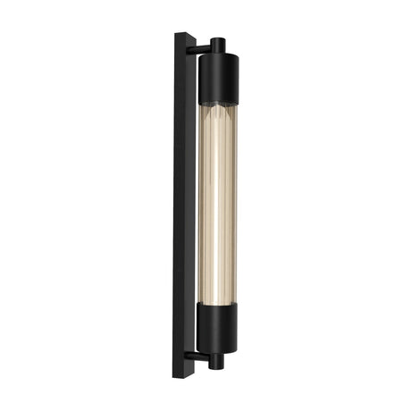 Thari Cylinder Ribbed Fumé Glass Linear Wall Light in black, featuring a narrow backplate and matt black caps holding a smoky ribbed glass tube with E27 lamp, shown on a white background.