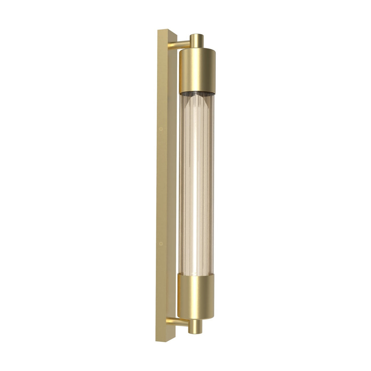 Thari Cylinder Ribbed Fumé Glass Linear Wall Light in gold, featuring a tall fluted glass tube between two gold end caps on a slim rectangular backplate, shown on a plain white background.