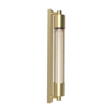 Thari Cylinder Ribbed Fumé Glass Linear Wall Light in gold, featuring a tall fluted glass tube between two gold end caps on a slim rectangular backplate, shown on a plain white background.
