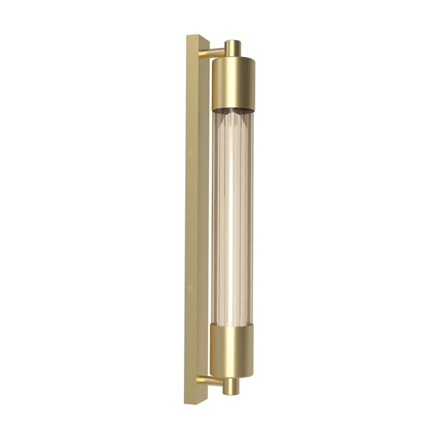Thari Cylinder Ribbed Fumé Glass Linear Wall Light in gold, featuring a tall fluted glass tube between two gold end caps on a slim rectangular backplate, shown on a plain white background.