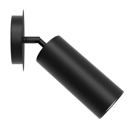 Zila Cylinder Adjustable Ceiling Light in matt black, featuring a round ceiling plate, short connecting arm, and pivoting cylindrical shade for a single GU10 bulb, shown on a plain white background.