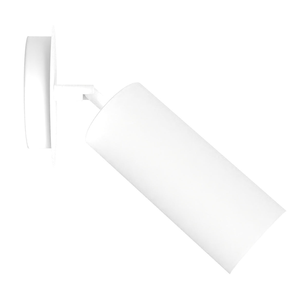 Zila Cylinder Adjustable Ceiling Light in matt white, showing a slim cylindrical shade on a pivoting arm attached to a round wall mounting plate, set against a plain white background.