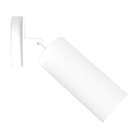 Zila Cylinder Adjustable Ceiling Light in matt white, showing a slim cylindrical shade on a pivoting arm attached to a round wall mounting plate, set against a plain white background.
