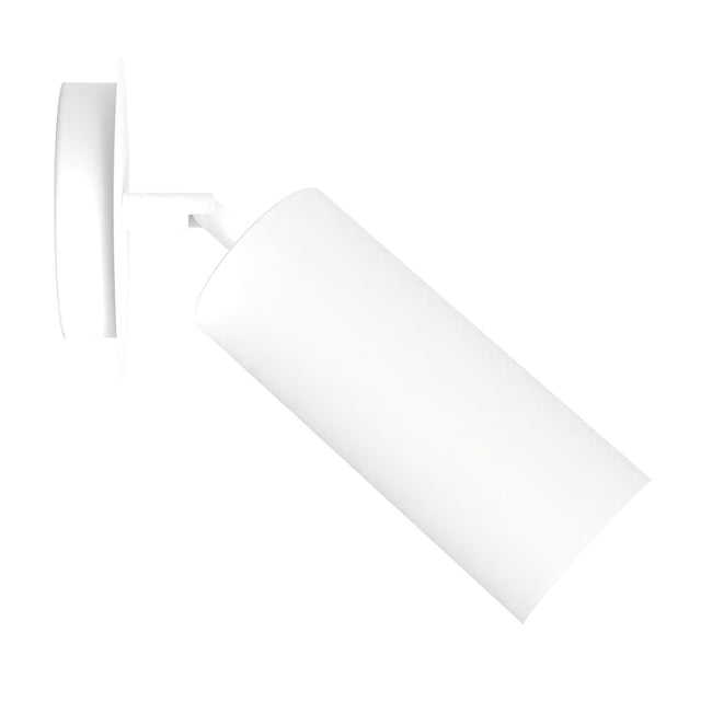 Zila Cylinder Adjustable Ceiling Light in matt white, showing a slim cylindrical shade on a pivoting arm attached to a round wall mounting plate, set against a plain white background.