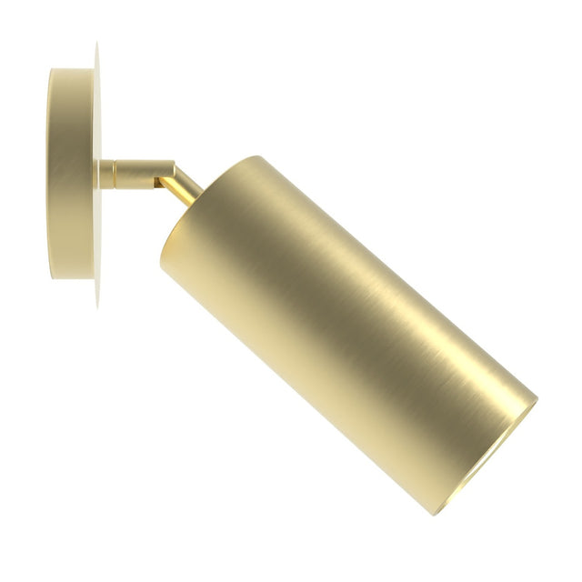 Zila Cylinder Adjustable Ceiling Light in Gold, a round mounting plate with a short angled arm holding a slim gold cylindrical shade for a single GU10 bulb, shown on a plain white background.