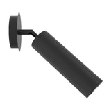 Nari Cylinder Adjustable Ceiling Light in matt black, featuring a round wall canopy, slim adjustable arm, and cylindrical GU10 shade, shown on a plain white background.