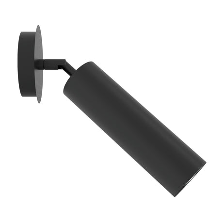 Nari Cylinder Adjustable Ceiling Light in matt black, featuring a round wall canopy, slim adjustable arm, and cylindrical GU10 shade, shown on a plain white background.