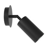 Nari Cylinder Adjustable Ceiling Light in matt black iron, with a round wall canopy and angled cylindrical GU10 shade on a short jointed arm, shown on a white background.