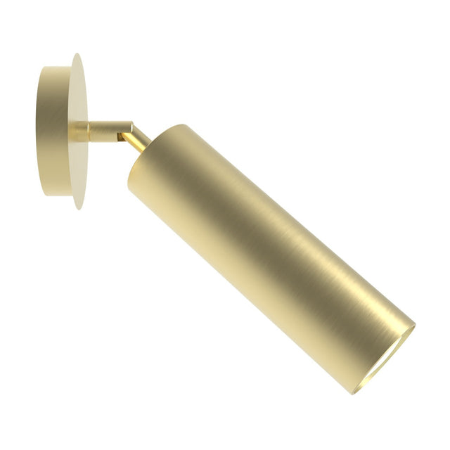 Nari Cylinder Adjustable Ceiling Light in gold, featuring a round mounting plate and pivoting arm holding a slim tubular shade, shown on a plain white background.