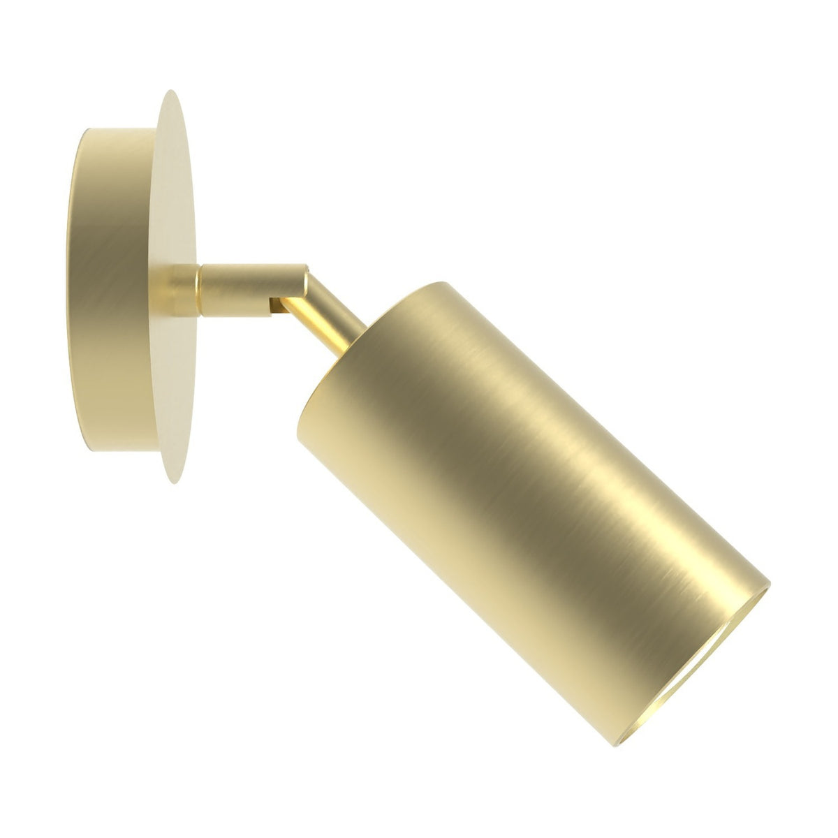 Nari Cylinder Adjustable Ceiling Light in gold, a round wall mounting plate with a short arm and pivoting joint holding a tubular iron shade, shown on a plain white background.