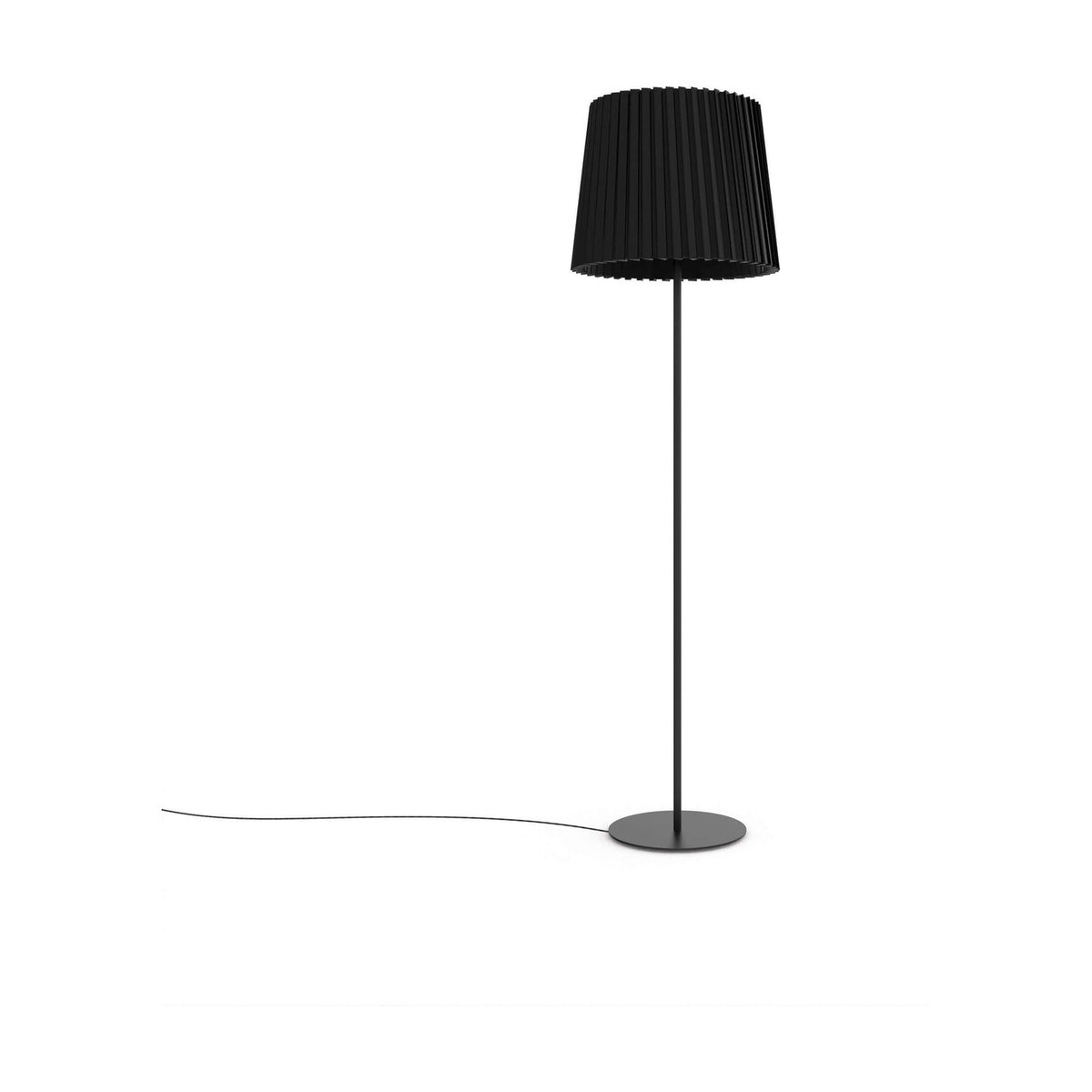 Kilma Ribbed Fabric Floor Lamp in matt black, featuring a pleated tapered fabric shade atop a slim iron stem and round flat base, shown on a plain white background.