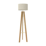 Breeze Fabric Drum Tripod Floor Lamp with a linen drum shade on a wooden tripod base, gold cross-braces and centre stem, shown on a plain white background.