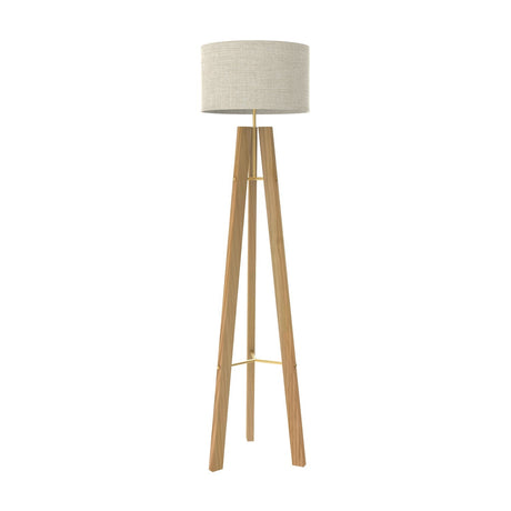 Breeze Fabric Drum Tripod Floor Lamp with a linen drum shade on a wooden tripod base, gold cross-braces and centre stem, shown on a plain white background.