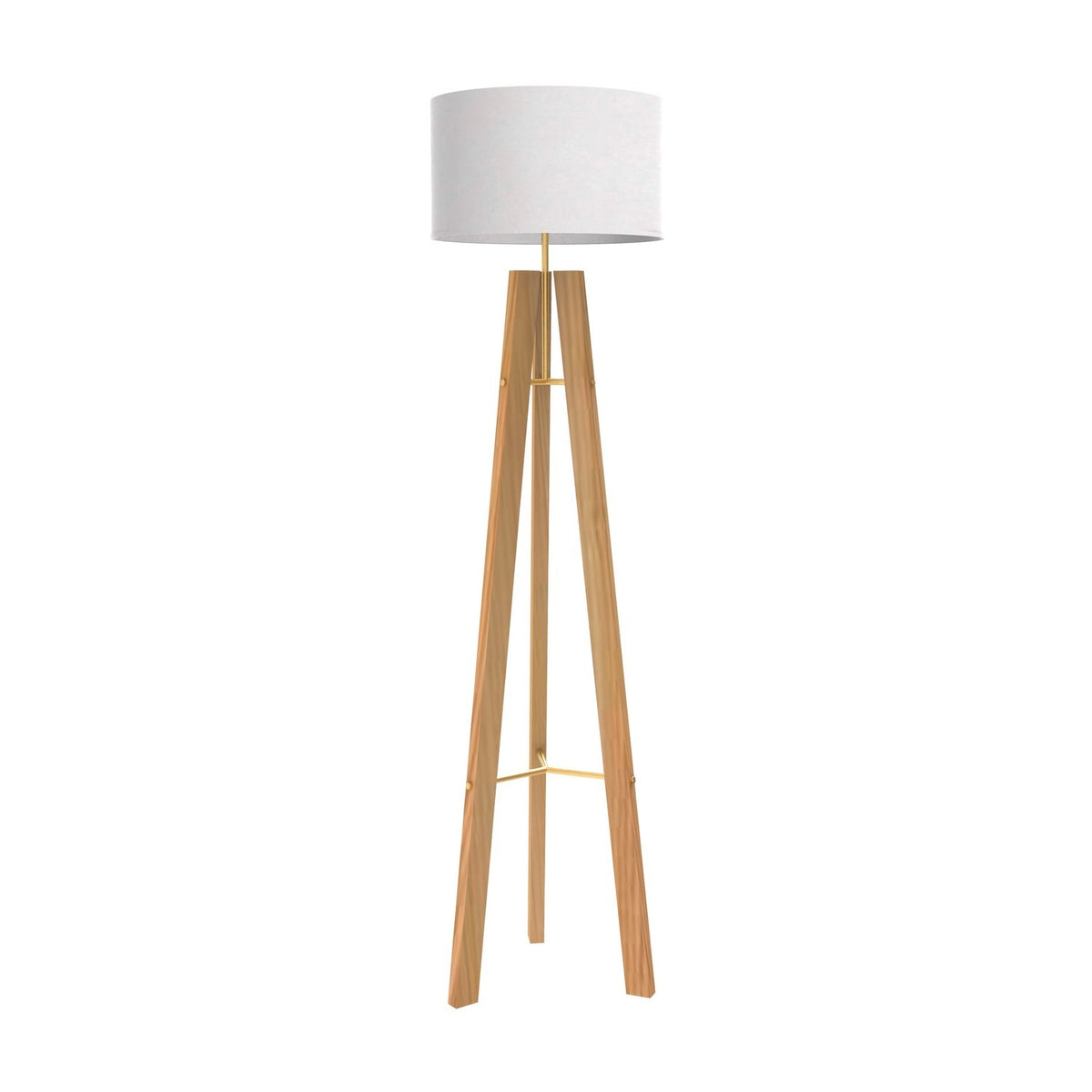 Breeze Fabric Drum Tripod Floor Lamp with white cotton drum shade, light wood tripod legs, and gold stem and braces, shown on a plain white background.