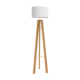 Breeze Fabric Drum Tripod Floor Lamp with white cotton drum shade, light wood tripod legs, and gold stem and braces, shown on a plain white background.