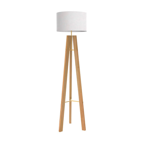 Breeze Fabric Drum Tripod Floor Lamp with white cotton drum shade, light wood tripod legs, and gold stem and braces, shown on a plain white background.