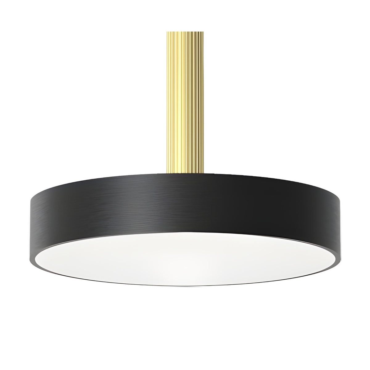 Rafaela Mono LED drum pendant with a matt black cylindrical shade, white diffuser base, and fluted matt polished brass stem, shown on a plain white background.