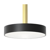 Rafaela Mono LED drum pendant with a matt black cylindrical shade, white diffuser base, and fluted matt polished brass stem, shown on a plain white background.
