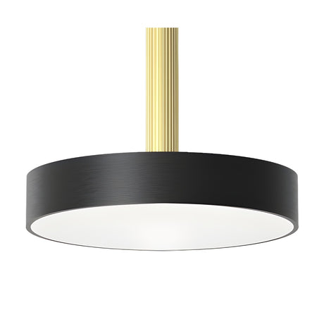 Rafaela Mono LED Drum DALI Pendant in matt black with a polished brass fluted stem and white diffuser underside, shown on a plain white background.