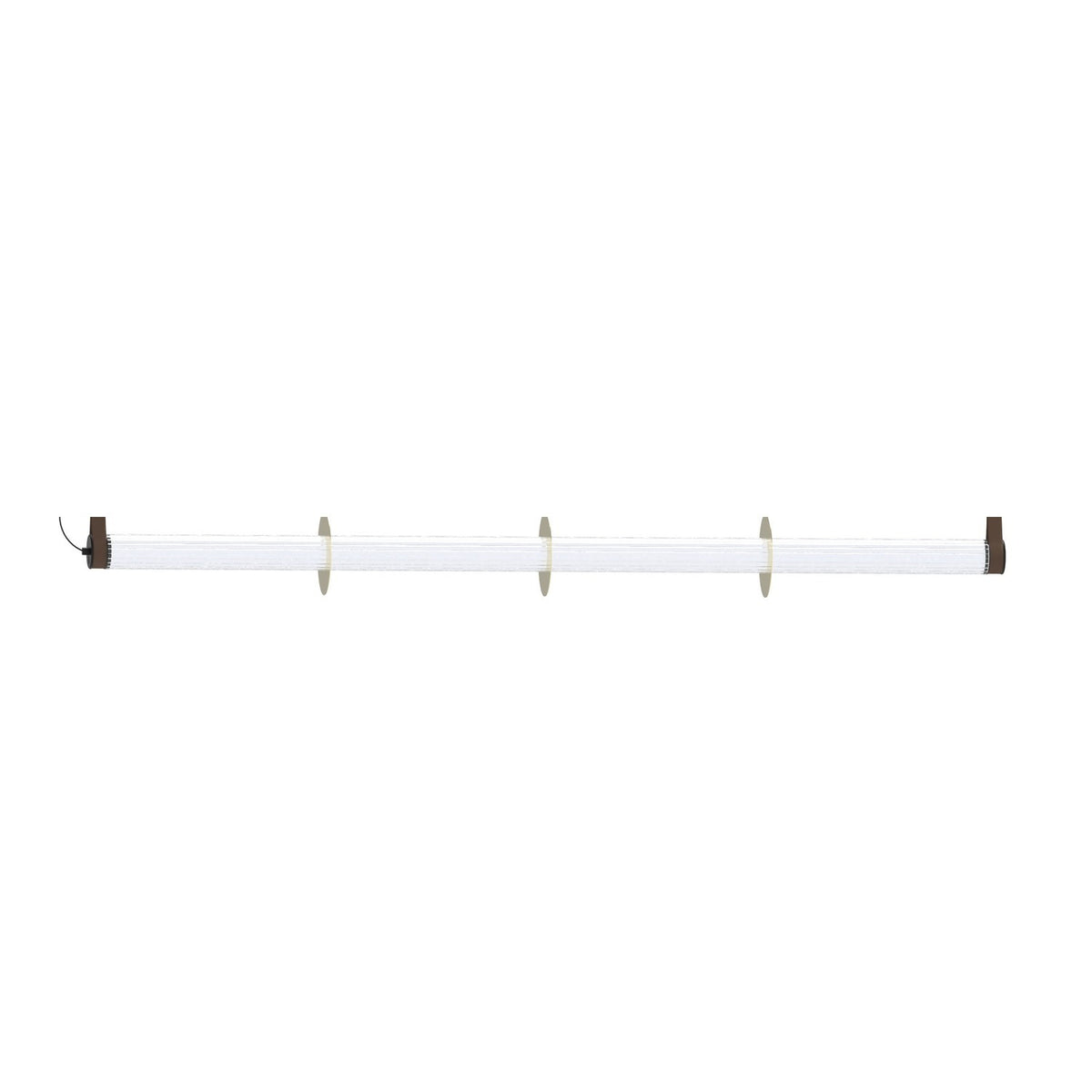 Roseline LED Ribbed Glass Linear Pendant Light, a long fluted glass bar with three gold discs and brown ceiling straps, shown on a plain white background.