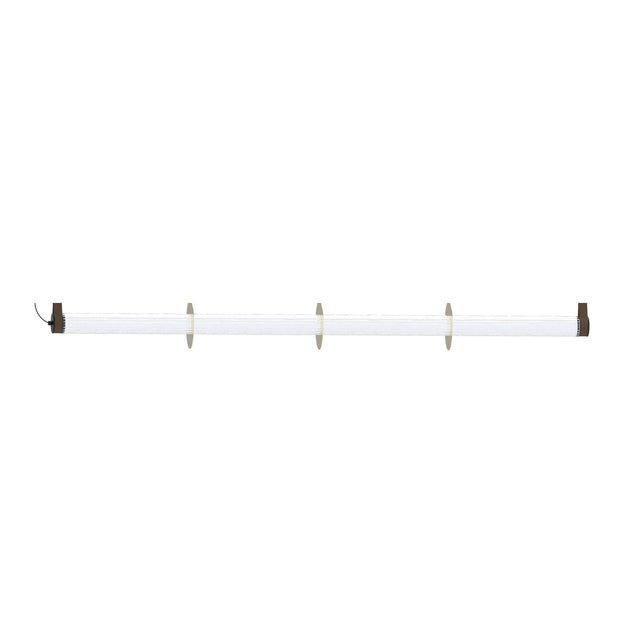 Roseline LED Ribbed Glass Linear Pendant Light, a long fluted glass bar with three gold discs and brown ceiling straps, shown on a plain white background.