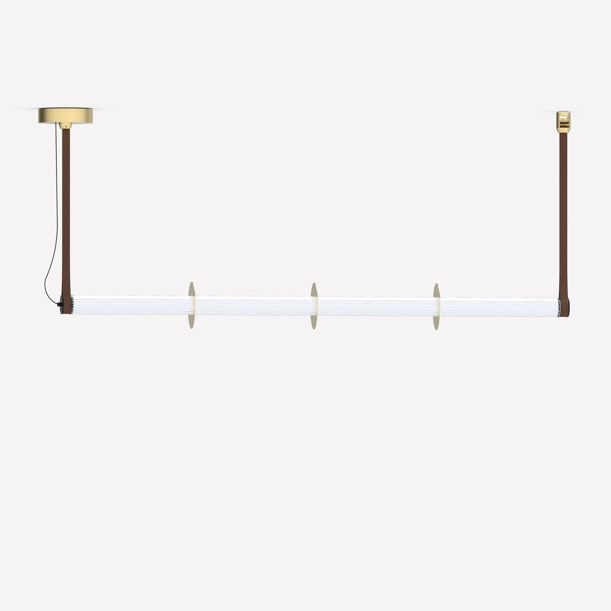 Roseline LED Ribbed Glass Linear Pendant Light in gold and brown, a long fluted glass bar with three gold discs, hung level on two brown straps against a plain white background.