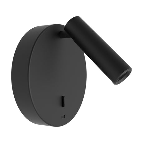 Nao Circular USB LED Wall Light in matt black, with a round backplate and an adjustable cylindrical reading light on a short stem, plus a USB port, shown on a white background.