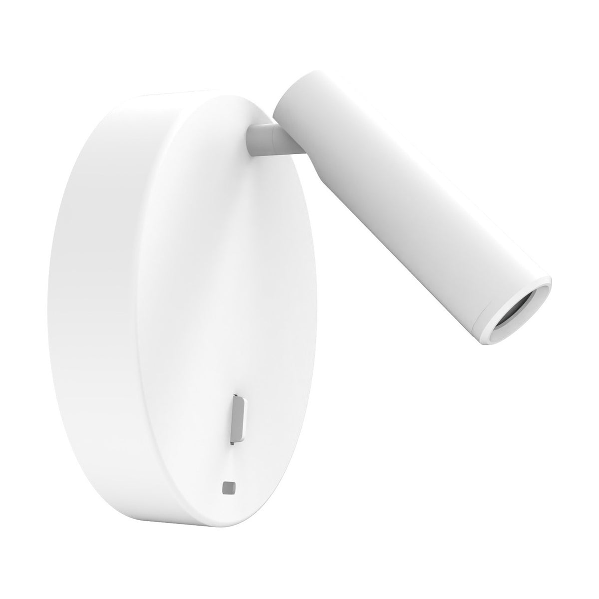 Nao Circular USB LED Wall Light in matt white, showing the round base with USB port and adjustable slim reading light tube on a short arm, set against a plain white background.