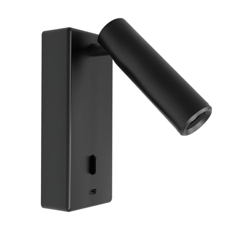 Nao Rectangular USB LED Wall Light in matt black, with a slim upright backplate, pivoting cylindrical reading light head, and USB port, shown on a plain white background.