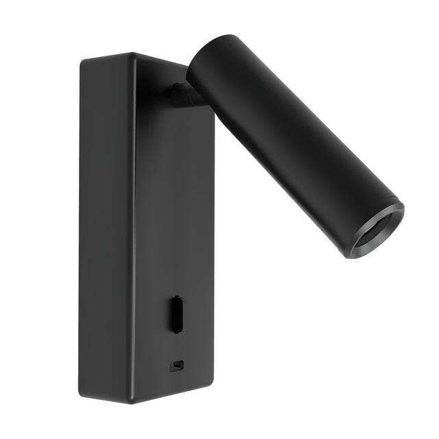 Nao Rectangular USB LED Wall Light in matt black, with a slim upright backplate, pivoting cylindrical reading light head, and USB port, shown on a plain white background.
