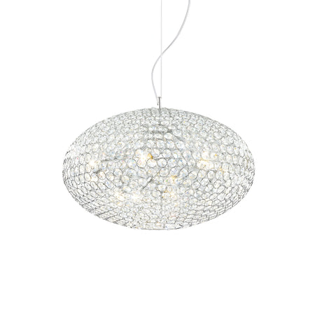 The Nebula 6 Light Crystal Suspension - Chrome lamp showcases a spherical design embellished with crystal-like bubble elements that gently diffuse a warm glow. It is suspended by a slender chrome wire, creating a captivating visual effect against any backdrop.